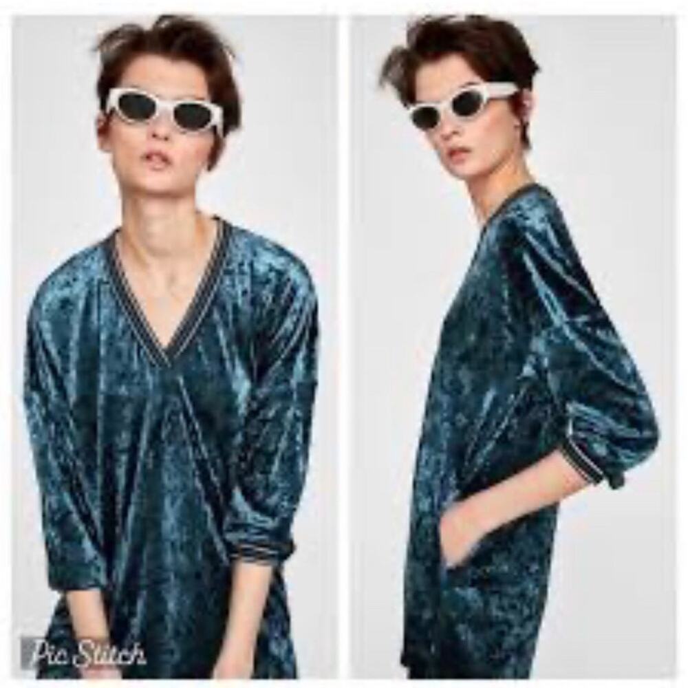 Zara Green velvet metallic dress with stripes long sleeved V neck size small